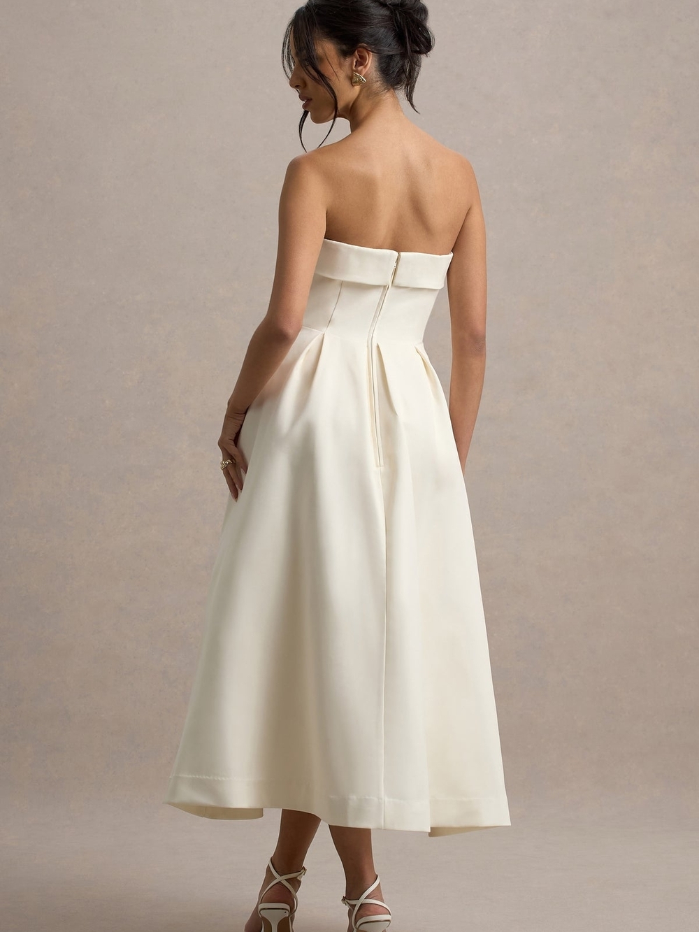 Club L London Strapless Ivory Midi Dress with Lavender Floral Accent - Picture 3 of 6